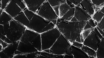 Intricate patterns of destruction are revealed in shattered glass, where light plays across fractured surfaces, creating a monochrome mosaic. photo
