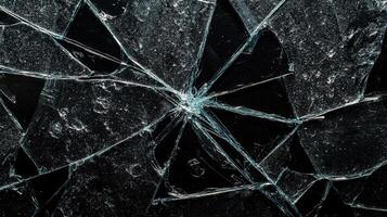 A shattered pane of glass with cracks radiating outwards from a central point on a stark black background. Sharp edges are visible. photo