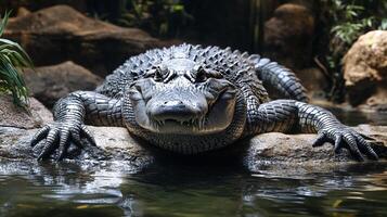 Alligator resting on a rock near water's edge. The alligator's textured skin and watchful eyes are visible in this wildlife shot. photo