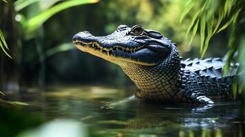 Alligator emerging from the water, its scales glistening under the light, creates an enchanting glimpse into its aquatic habitat. photo