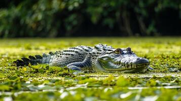 Alligator in natural habitat. The alligator is partially submerged, showcasing its powerful body, textured skin, and watchful eyes. photo