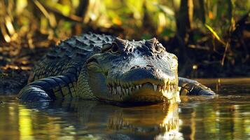 American alligator is a large reptile with a dark coloration that thrives in the swamps of the southeastern United States. photo