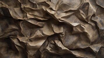 An abstract, crinkled surface of weathered paper creates a textured brown background. The crumpled material forms deep shadows and highlights. photo