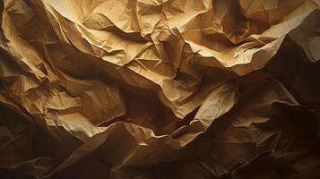 Textured abstract art. Light and shadow play across crumpled material, creating depth. Tan and brown tones evoke natural paper. photo