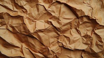 Textured surface of heavily crumpled brown paper, creating an abstract pattern with shadows and highlights emphasizing the wrinkles. photo