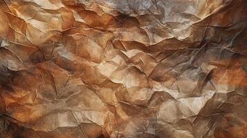 Texture of crumpled paper with brown tones. The light and shadows of the creases create a dramatic and artistic paper background. photo
