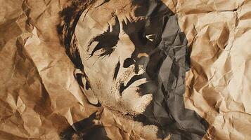 Artistic portrait on crinkled paper, showcasing contrasting light and shadow to create depth, texture and emotional impact. photo