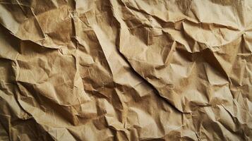 Textured surface of wrinkled and crumpled brown paper, creating a dynamic pattern of highlights and shadows. Natural and organic background. photo