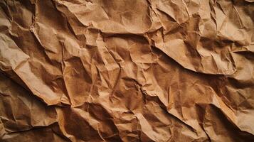 Brown crumpled paper texture with sharp shadows creating abstract patterns, perfect for a rustic or vintage background, detailed backdrop. photo