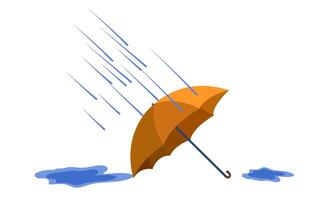 Rain falls on an orange umbrella with puddles forming on a white background during a stormy weather vector