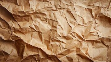 Detailed crumpled brown paper showing rough texture. The paper has been crushed, smoothed, and crumpled with several wrinkles and creases. photo