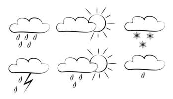 Weather symbols illustrating various conditions including rain, sun, and snow with lightning in a simple design vector