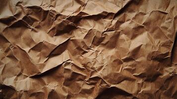 Close-up texture of crumpled brown paper, creating an abstract pattern of folds, shadows, and highlights for a rustic background. photo