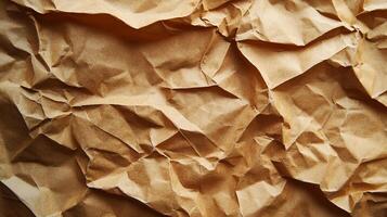 Close-up of crumpled brown paper. Intricate textures and shadows create depth and visual interest. Abstract and organic design element. photo