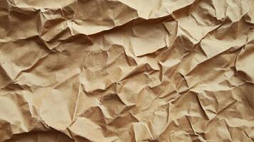 Textured surface of crumpled light brown paper showing highlights and shadows across the creases and folds, perfect for graphic design. photo