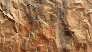 A captivating close-up showcases the intricate details of crumpled brown paper, revealing a unique texture and visual appeal. photo