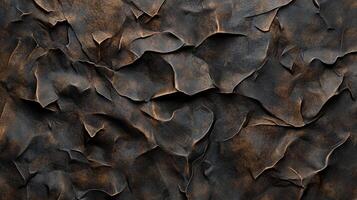 Textured bronze surface with cracked, peeling layers, creating an abstract, dimensional pattern. Dark and weathered, with metallic undertones. photo