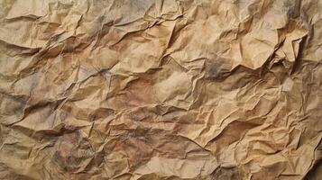 Texture of heavily crumpled brown paper with dark stains, creating an aged and rustic appearance, ideal for backgrounds or designs. photo