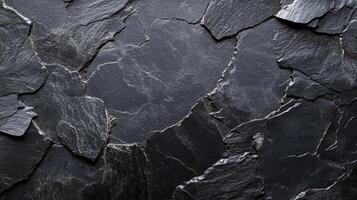 A captivating, close-up shot of rough black slate stone, displaying its intricate textures and natural patterns. Great for backgrounds and textures. photo