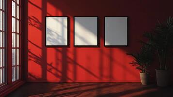 Red room interior with three blank frames, sunlight streaming through a window casting shadows, and potted plants in the corner. photo