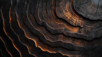 Abstract wood grain texture with dark brown and golden tones, resembling organic waves or patterns in tree trunk detail. photo