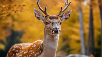 A majestic deer stands prominently amidst the vibrant autumn foliage, its gaze captivating and its presence commanding attention. photo