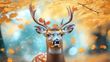 Majestic deer in a golden autumn scene, with falling leaves adding a touch of whimsy and seasonal charm, captivating wildlife photography. photo