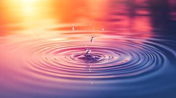 Water drop creating ripple effect on the surface of pond at sunset. Colorful, textured surface of pond is the central point of image. photo
