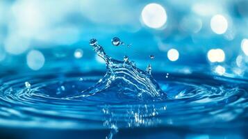 A captivating close-up of a water droplet impact creating a splash and ripples, set against a serene blue backdrop with bokeh lights. photo