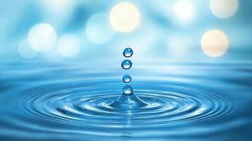 Water droplets fall onto a calm surface of blue water. Ripples spread out in a pattern, set against a light bokeh background. Serene and fresh photo