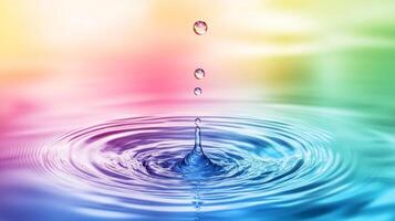 Water drop creating ripples in colorful liquid. Serene, calming and pure, embodying the beauty of nature's simplest forms. photo