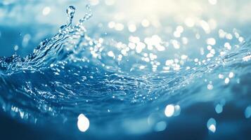 Crystal clear water in motion, a refreshing splash captured. Abstract blue scene featuring light bokeh and dynamic wave pattern. photo
