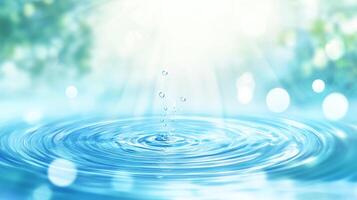 Serene water ripples radiate outward, creating a calming and refreshing atmosphere. Droplets ascend, sparkling in the gentle light. photo