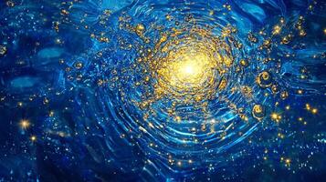 Abstract swirling blue vortex of light and texture, gold orbs scattered throughout, creating a sense of depth and cosmic wonder. photo