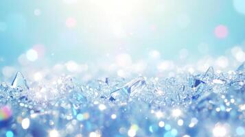 A dazzling close-up of sparkling crystal fragments, catching the light with a soft blue background, creating a magical and ethereal scene. photo