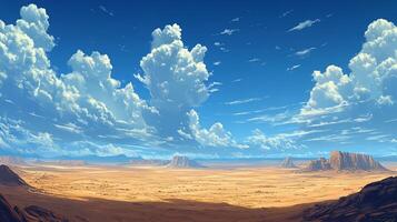 Expansive desert landscape under a vast sky filled with fluffy, anime-style clouds and towering mesas in the distance. photo