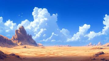 Vast desert landscape with clear blue sky and towering white clouds, creating a sense of openness and tranquility. photo