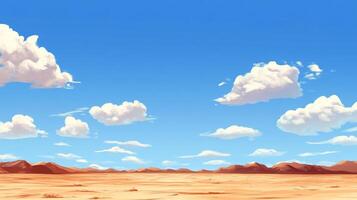 Vast desert landscape illustration with a clear blue sky scattered with white clouds, creating a sense of peaceful expanse and tranquility. photo