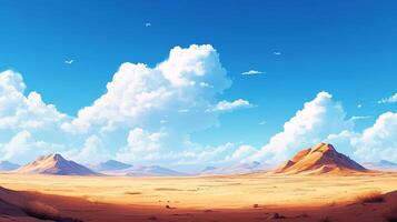 Scenic desert landscape with cumulus clouds and mountain ranges under clear blue sky with soaring birds evokes a sense of vastness and beauty. photo