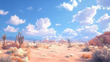 Desert landscape with cacti and fluffy plants under a bright blue sky dotted with white clouds creating a serene, dreamy atmosphere. photo