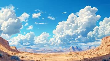 Wide open desert landscape underneath blue skies. Massive clouds over vast expanse. Sandstone cliffs and sparse vegetation define the scene. photo