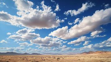 Expansive desert landscape under a vast, open sky filled with fluffy white clouds, creating a serene and beautiful natural scene. photo