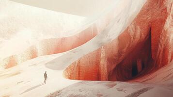 Solitary figure walking through a canyon landscape, with layers of sediment forming a surreal, dreamlike setting. photo