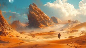 A lone wanderer traverses a vast desert landscape dominated by towering rock formations under a bright sky. The desert stretches endlessly. photo