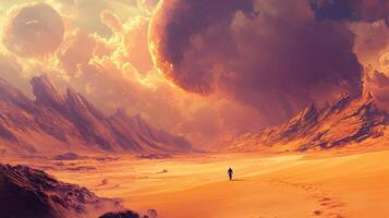 A lone figure walks across a desolate orange planet, silhouetted against a landscape with imposing peaks and otherworldly moons above. photo