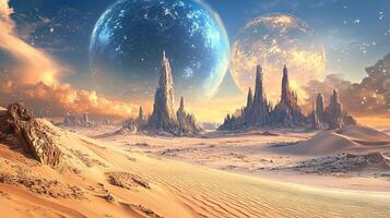 An alien world with unique geological formations under a sky with two planets, blending fantasy and sci-fi elements. photo