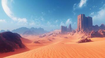 A desolate landscape with towering structures under a pale blue sky. A giant moon hangs low over a sandy desert planet. photo