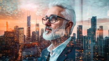 Visionary leader overlooking a vibrant metropolis, blending experience with future outlook. A symbol of ambition and success. photo