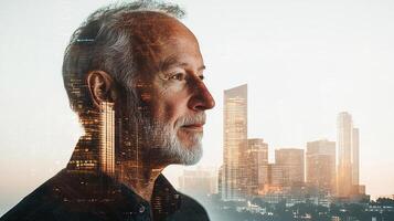 Senior man portrait merged with cityscape. Shows wisdom and vision against a backdrop of urban progress and opportunity. Future. photo
