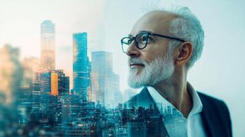 Senior businessman with a thoughtful expression against a cityscape, reflecting experience and modern vision in the urban environment. photo
